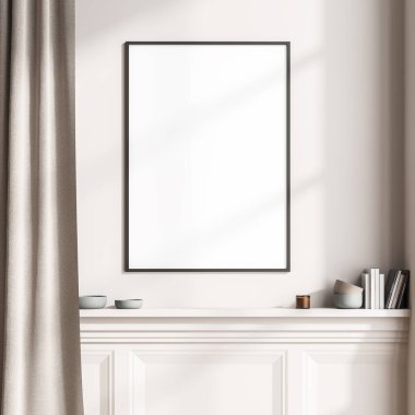 Açık bej duvarda, oturma odasının iç tarafındaki gri perdenin yanındaki çıkıntılı bodrumda çerçevelenmiş maket pankart. Modern ev tasarımı kavramı. - Yakın çekim. 3d oluşturma