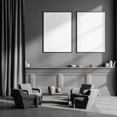 Modern gri bekleme odasının iç kısmında iki pankart, duvar paneli, oturma alanı, dört koltuk, etrafını saran kahve masası. Ev tasarımı konsepti. Model yap. 3d oluşturma