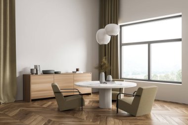 Parlak bir yemek odası, geniş pencereli, kırsal manzaralı, üç rahat koltuk, masa ve dolap. Minimalist İskandinav tasarımında buluşma yeri kavramı. Model yap. 3d hazırlayıcı