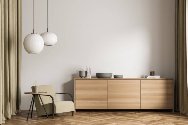 Parlak oturma odası içi boş beyaz duvar, meşe ağacından parke zemin, rahat dolap ve rahat koltuk. Minimalist İskandinav tasarımında buluşma yeri kavramı. Model yap. 3d hazırlayıcı