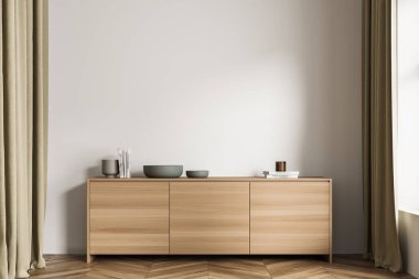 Parlak oturma odası içi boş beyaz duvar, meşe ağacından parke zemin, rahat dolap, kitaplar ve çanak çömlek. Minimalist İskandinav tasarımında buluşma yeri kavramı. Model yap. 3d hazırlayıcı