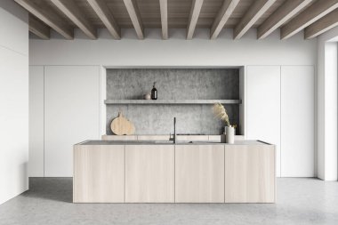 Mutfak odasının içi beton zemin, elektrikli fırın ve çanak çömlekle dolu. Çağdaş İskandinav minimalist tasarımı. Yaratıcı fikir için boş alan. 3d oluşturma