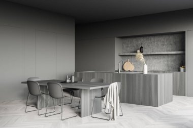 Mutfak odasının içinde yemek masası, altı sandalye, parke zemin, elektrikli tencere ve çanak çömlek var. Çağdaş İskandinav minimalist tasarımı. Yemek için güzel bir yer. Model yap. 3d oluşturma