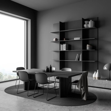 İçi panoramik pencereli, kırsal manzaralı, masa, altı sandalye ve beton zemin olan karanlık bir iv odası. Minimalist İskandinav tasarımı kavramı. Buluşma için rahat bir yer. 3d hazırlayıcı