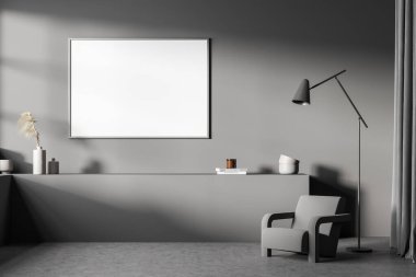 Yatay pankart, minimalist gri oturma alanı içinde beton döşeme, şık raf, ince zemin lambası ve rahat koltuk. 3d oluşturma