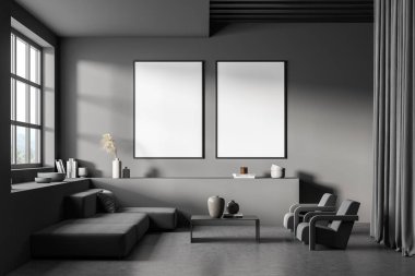 İki boş pankartı, minimalist kahve masası, köşe koltuğu, Japon penceresi ve iki koltuğu olan gri oturma odası. Modern tasarım. 3d oluşturma