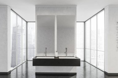 Siyah-beyaz gökdelen bölgesinde panoramik pencereleri olan son moda bir çift lavabo rafı. Taş zemin. Modern banyo iç tasarımı kavramı. 3d oluşturma