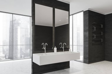 Banyo bölümünün köşesinde panoramik alana giden iki yol var. Taş zemin ve duvarları, iki aynası, lavabosu ve havlusu olan siyah beyaz bir iç mekan. 3d oluşturma