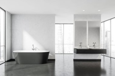 İçinde seramik banyo küveti, panoramik pencereler ve iki ayna ve lavabo olan bir bölme. Taş zemin. 3d oluşturma