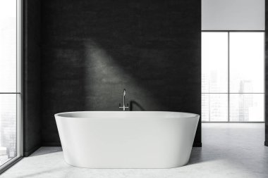 Siyah beyaz banyodaki banyo küvetinin yakın görüntüsü. Yürüme yolları, seramik küvet, panoramik pencereler, taş zemin ve duvar. 3d oluşturma