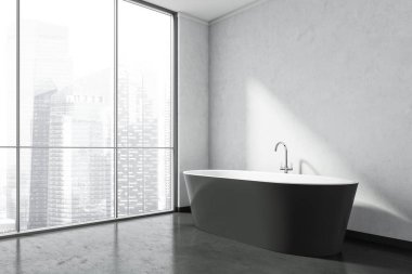 Banyonun iç tarafının siyah-beyaz görüntüsü. Siyah seramik küveti, taş zemini ve duvarları olan bir gökdelen bölgesinde panoramik pencereler. Modern tasarım. 3d oluşturma