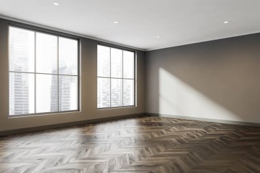 Boş bir iç tasarımın köşe boşluğu, panoramik bir manzarası, kahve bej duvarları, süpürgelikler, koyu kahverengi parke döşemeler ve aralıklı aydınlatma. Modelleme. 3d oluşturma