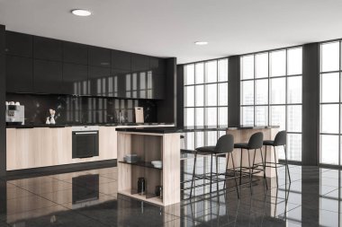 Karanlık mutfak odası masası, üç bar taburesi, panoramik pencereler şehir gökdelen manzaralı, elektrikli fırın ve fayans zemini. Minimalist İskandinav tasarımı kavramı. Model yap. 3d hazırlayıcı