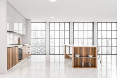 Parlak mutfak odası masası, bar taburesi, panoramik pencereler şehir merkezi manzaralı, elektrikli fırın ve fayans zemini. Minimalist İskandinav tasarımı kavramı. Model yap. 3d hazırlayıcı