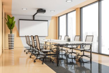 Ofis odasının içi beyaz boş pankartı, panoramik penceresi şehir gökdelen manzaralı, beton zemin, sekiz koltuk ve masa. Önemli toplantılar için yer kavramı. Model yap. 3d hazırlayıcı