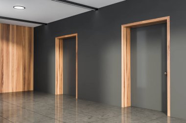 Ofis odasının içi gri boş duvar, şeftali rengi iki kapı ve fayans zeminiyle dolu. Yaratıcı fikir için boş alan. Minimalist tasarım kavramı. Model yap. 3d hazırlayıcı