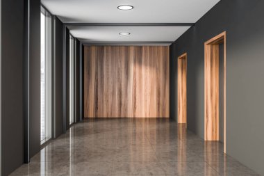 Ofis içi panoramik pencereli şehir merkezi manzaralı, iki kapılı, gri ve ahşap duvarlı, fayans döşemeli. Yaratıcı fikir için boş alan. 3d hazırlayıcı