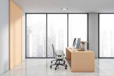 Ofis odası ve resepsiyon içi panoramik pencereli, gökdelen manzaralı, iki bilgisayar, koltuk, beyaz duvar ve fayans zemin. Yaratıcı fikir için boş alan. 3d hazırlayıcı