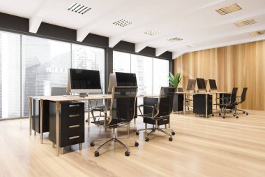 Çalışma alanının köşesinde iki kombine ofis masası, yuvarlanan sandalyeler, panoramik manzara, tavan kapakları, gri detaylar, ahşap zemin ve duvar. Modern iç tasarım konsepti. 3d oluşturma
