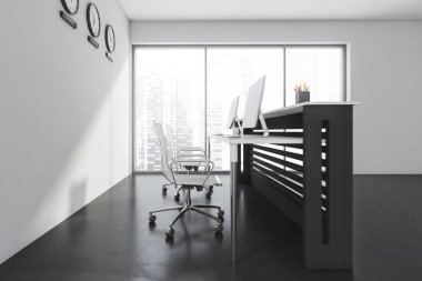 Beton zemin ve panoramik arkaplan ile beyaz ve gri alanda duran kabul masasının yan görüntüsü. Modern ofis iç tasarımı kavramı. 3d oluşturma