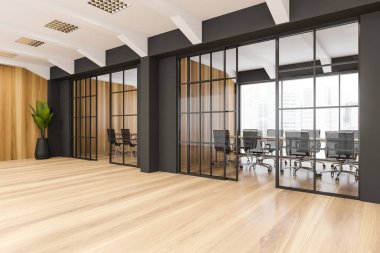 Toplantı odalarının yakınında boş bir alan olan iç kısımda sürgülü kapılar, panoramik pencereler ve ahşap zeminler var. Modern ofis tasarımı kavramı. 3d oluşturma