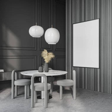 Oturma odasının içinde beyaz boş poster, masa, dört sandalye, çanak çömlek ve beton zemin var. Minimalist İskandinav tasarımı kavramı. Buluşma için rahat bir yer. Model yap. 3d hazırlayıcı