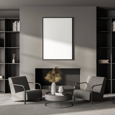 Gri oturma odasının iç tarafında şöminesi, iki koltuğu, rafı ve beton zemini olan bir pankart. 3D görüntüleme. Modern ev tasarımı kavramı.