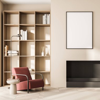Oturma odası olan bej bekleme odasında, şöminesi, koltuğu, ince zemin lambası ve rafı olan bir model pankart. Parke. 3D görüntüleme. Modern ev tasarımı kavramı.
