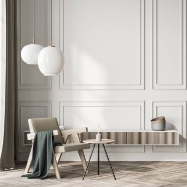 Oturma odasının içinde sehpa, koltuk, ekose, vazo, çanak çömlek ve meşe ağacından parke zemin var. Minimalist İskandinav tasarımı kavramı. Buluşma için rahat bir yer. 3d hazırlayıcı
