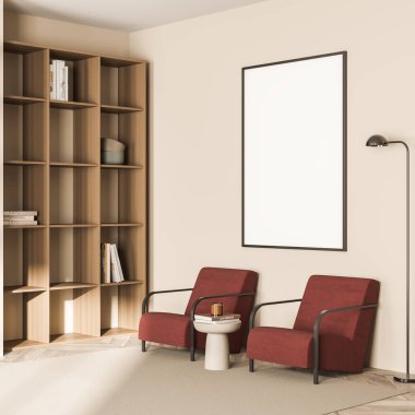 Salonda raflı bej renkli pankart, iki kırmızı koltuk, yer lambası, kahve masası ve halılı parke döşeme. 3D görüntüleme. Modern ev tasarımı kavramı.