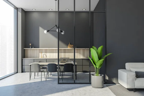 Cucina Panoramica Grigia Con Design Semplificato Dell Armadio Tavolo Lampadario — Foto Stock