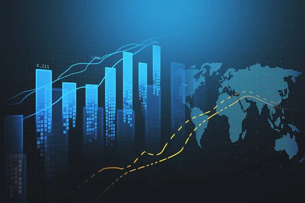 Blue Cyberspace Glowing Charts Graphs Including Two Intermittent Bright Yellow — Stock Photo, Image