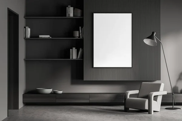 暗い灰色のリビングルームのインテリアのバナー ミニマリストの棚 エレガントな壁の詳細 スリムなランプと戸口とアームチェア 現代の家のデザインの概念 モックアップ 3Dレンダリング — ストック写真