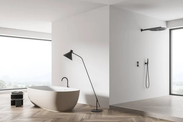 Shower room interior with minimalist bathtub near the white wall of the cubic corner ledge, parquet and concrete platform on panoramic background. A concept of modern house design. 3d rendering