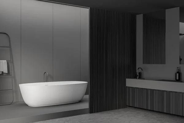 暗いパネルパーティション 木製の虚栄心 ミラーとコンクリート床とグレーのバスルームのインテリア 近現代のタオルラック付きの楕円形のセラミック浴槽 モダンな家のデザインのコンセプト 3Dレンダリング — ストック写真