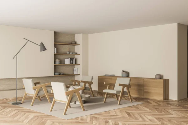 Corner of living room interior with four armchairs, accent floor lamp, empty beige walls, niche bookshelf and sideboard. Parquet. A concept of modern house design. 3d rendering