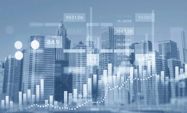 New York Finans Merkezinin Panoramik Görüntüsü Önplanda Bar Diyagramları Grafikleri — Stok fotoğraf