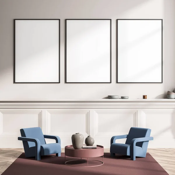 Row of three framed mockup banners on beige wall in the seating area. Interior with accent furniture in blue and bordo. A modern design with wall panels and parquet. 3d rendering