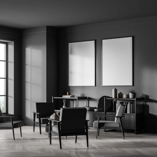 어두운 대합실 내부의 구석에 깃발낮은 안락의자 테이블 응접실 현대식 설계의 — 스톡 사진