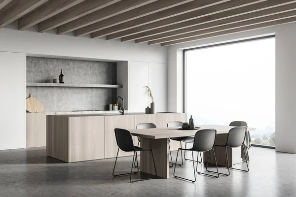 Interior Acolhedor Sala Cozinha Com Mesa Jantar Seis Cadeiras Piso — Fotografia de Stock