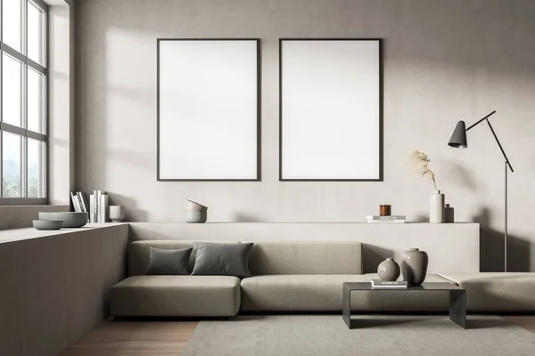 客厅墙上的两个横幅 一个沙发 一个简约风格的深灰色细节 一个角落的窗台和一个日本窗口 米色的设计 3D渲染 — 图库照片