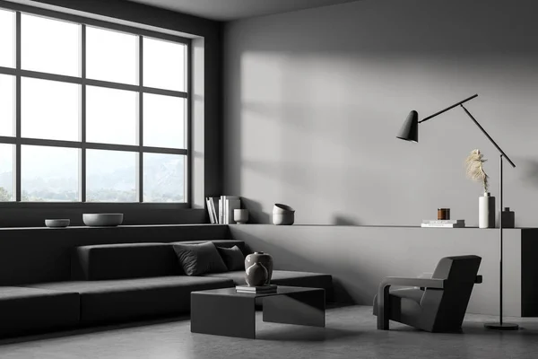 Corner Dark Grey Living Room Interior Japanese Window Slim Lamp — Stock Photo, Image