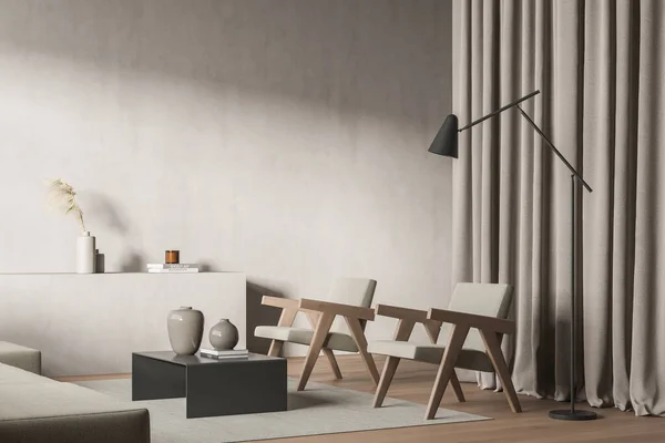 Seitenansicht Mit Zwei Sesseln Einem Beigefarbenen Wohnzimmer Mit Holzboden Vorhängen — Stockfoto