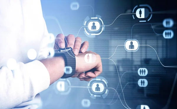 Businesswoman Wearing Formal Shirt Browsing Social Network Using Smartwatch Hologram — Stock Photo, Image