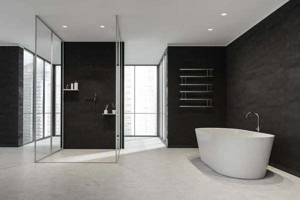 Schwarz Weißes Badezimmerinterieur Mit Steinboden Und Wänden Glaskabine Mit Trennwand — Stockfoto