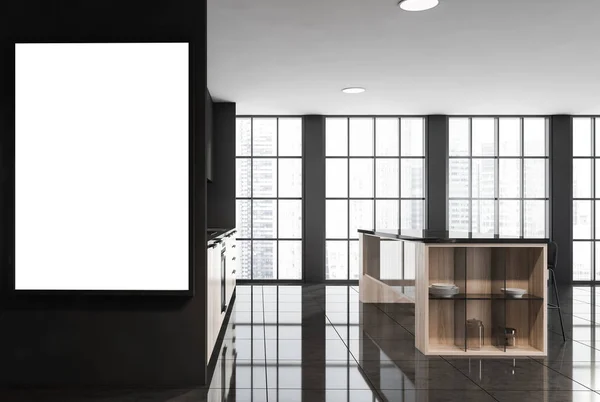 白い空のポスター バースツール 超高層ビルの景色を望むパノラマの窓 電気炊飯器 タイルの床と暗いキッチンルームのインテリア ミニマルな北欧デザインのコンセプト モックアップ 3Dレンダリング — ストック写真