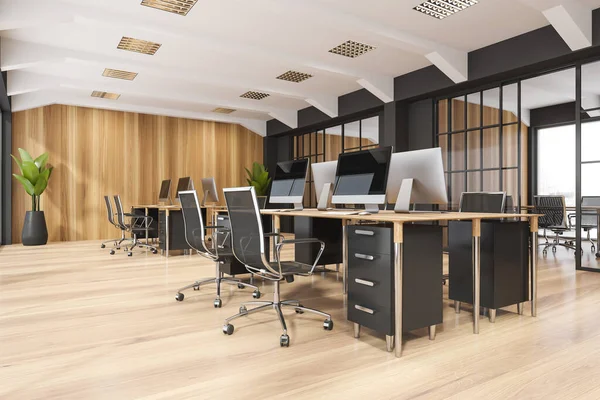 Bedrijf Interieur Met Twee Bureaus Met Vier Werkplekken Elk Houten — Stockfoto