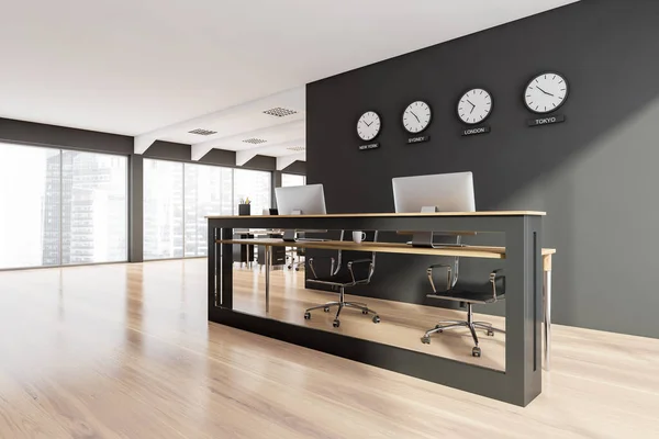 Panoramic Workspace Double Front Desk Having Glass Detail Black Wall — Stock Photo, Image