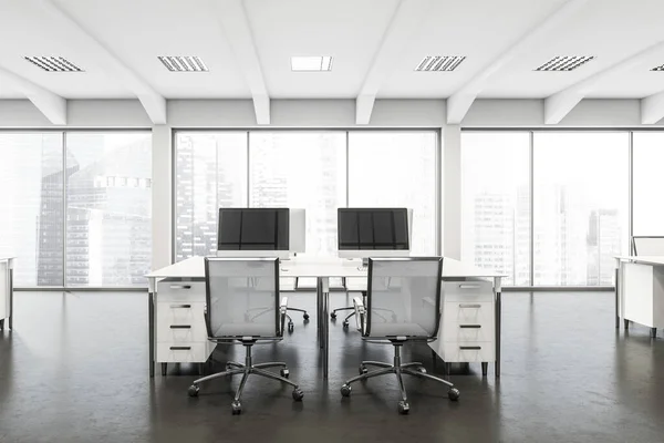 Bílý Šedý Interiér Moderní Společnosti Dvěma Kancelářskými Židlemi Obou Stranách — Stock fotografie