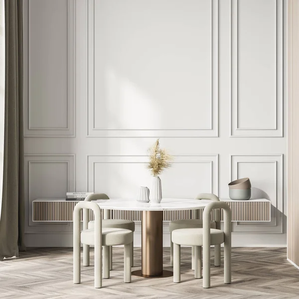 Salon Intérieur Avec Table Quatre Chaises Livres Vase Vaisselle Parquet — Photo